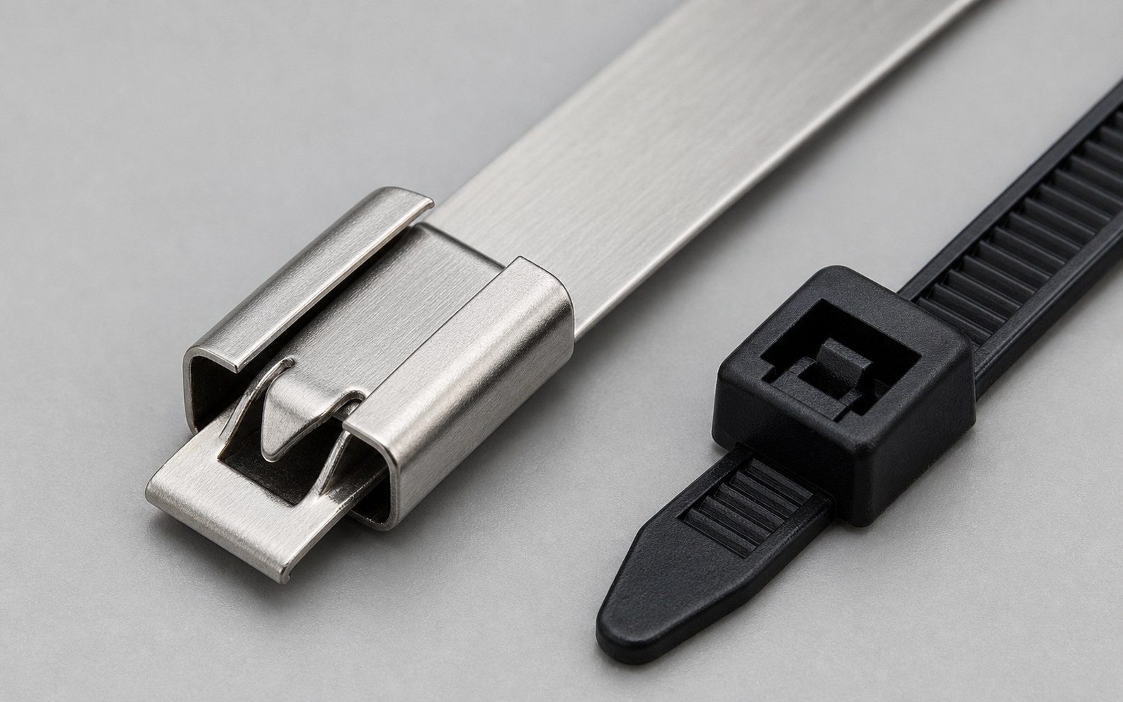 Stainless steel cable tie clasp and nylon cable tie head detail