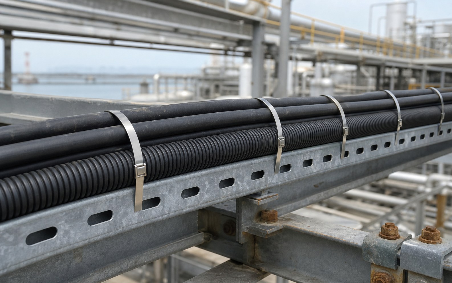 Recommended stainless steel cable ties on corrosion resistant tray route