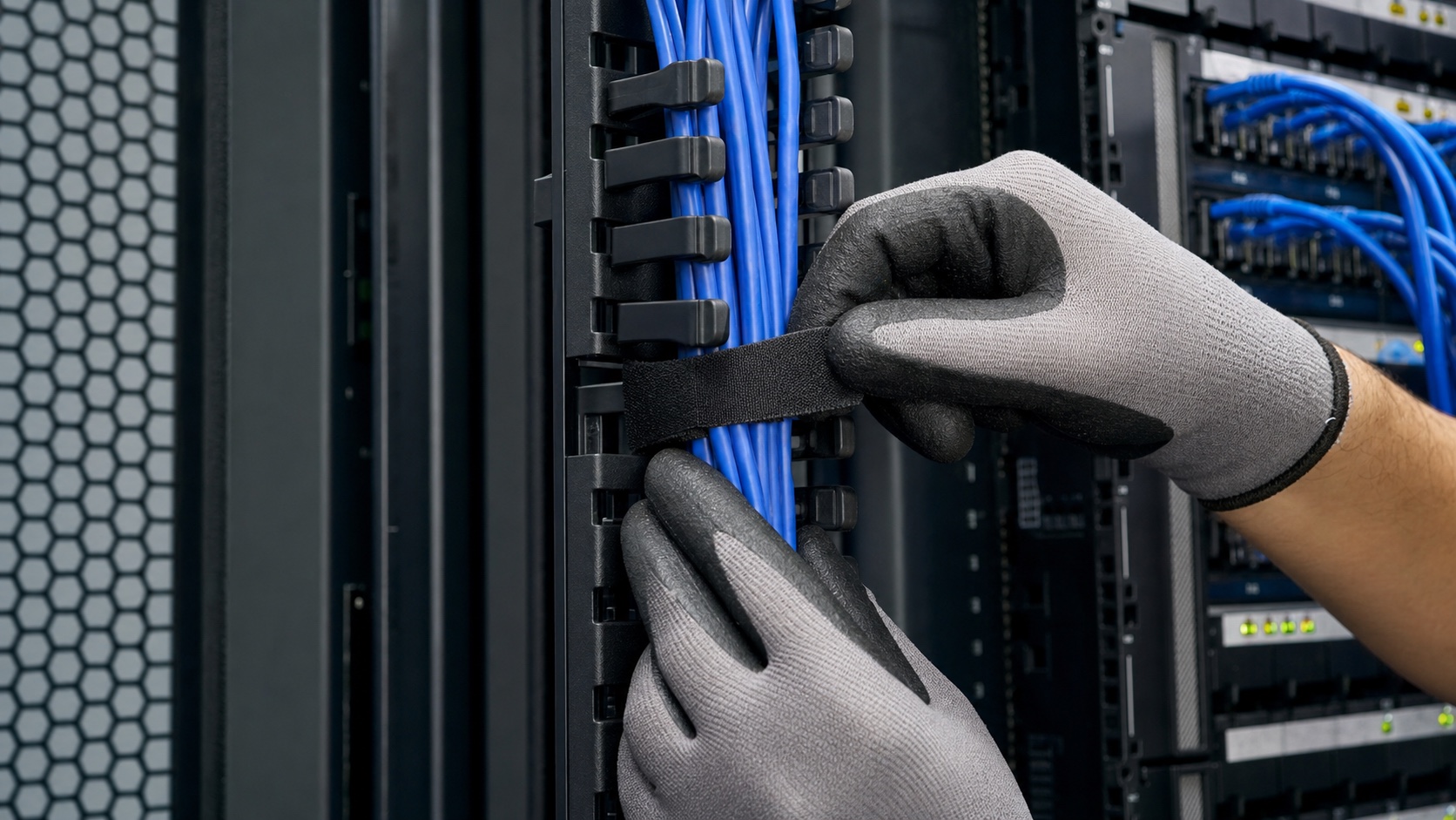 Technician fastening hook-and-loop strap around data center patch cords