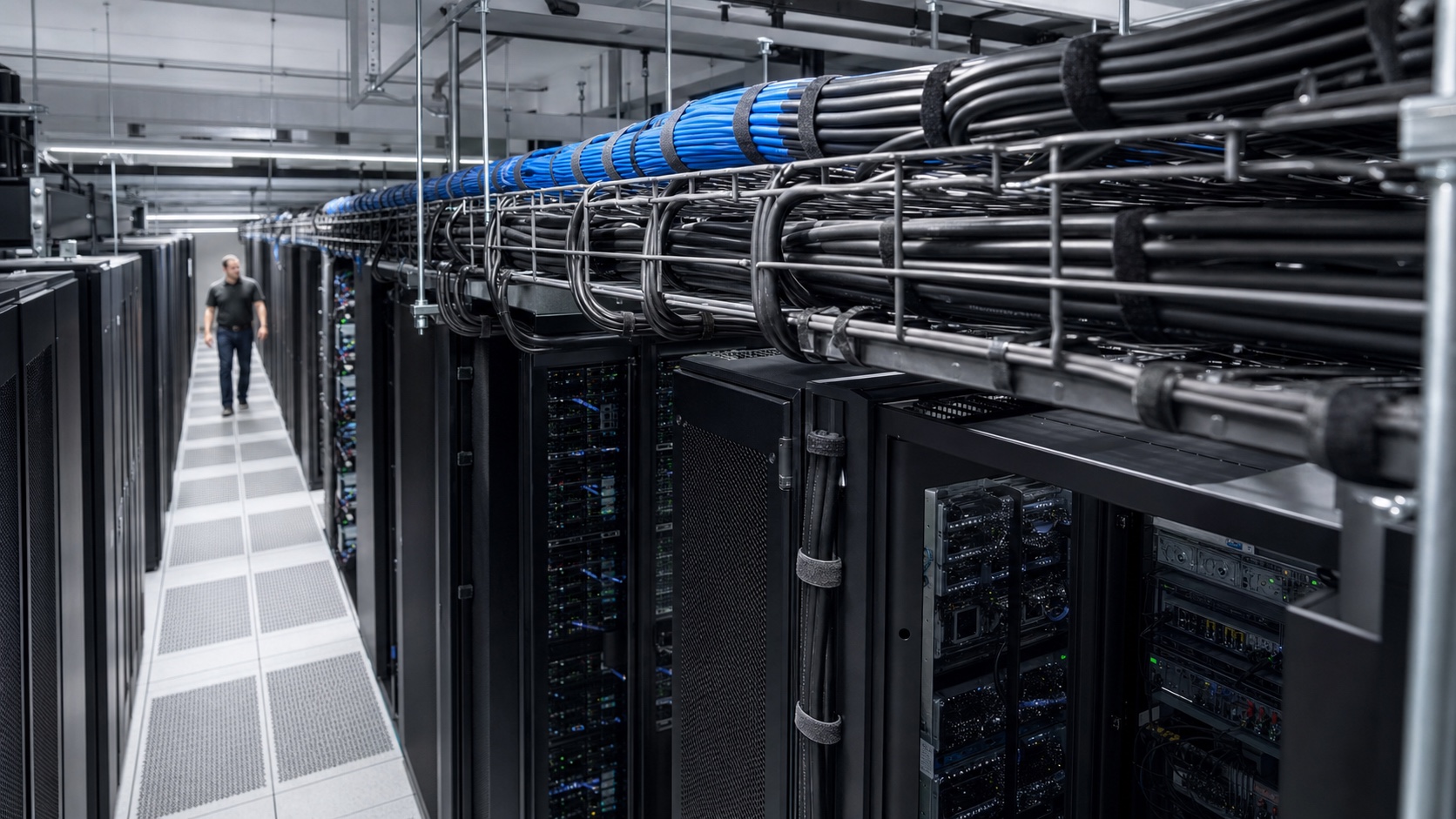 Data center overhead cable tray and rack aisle cable management