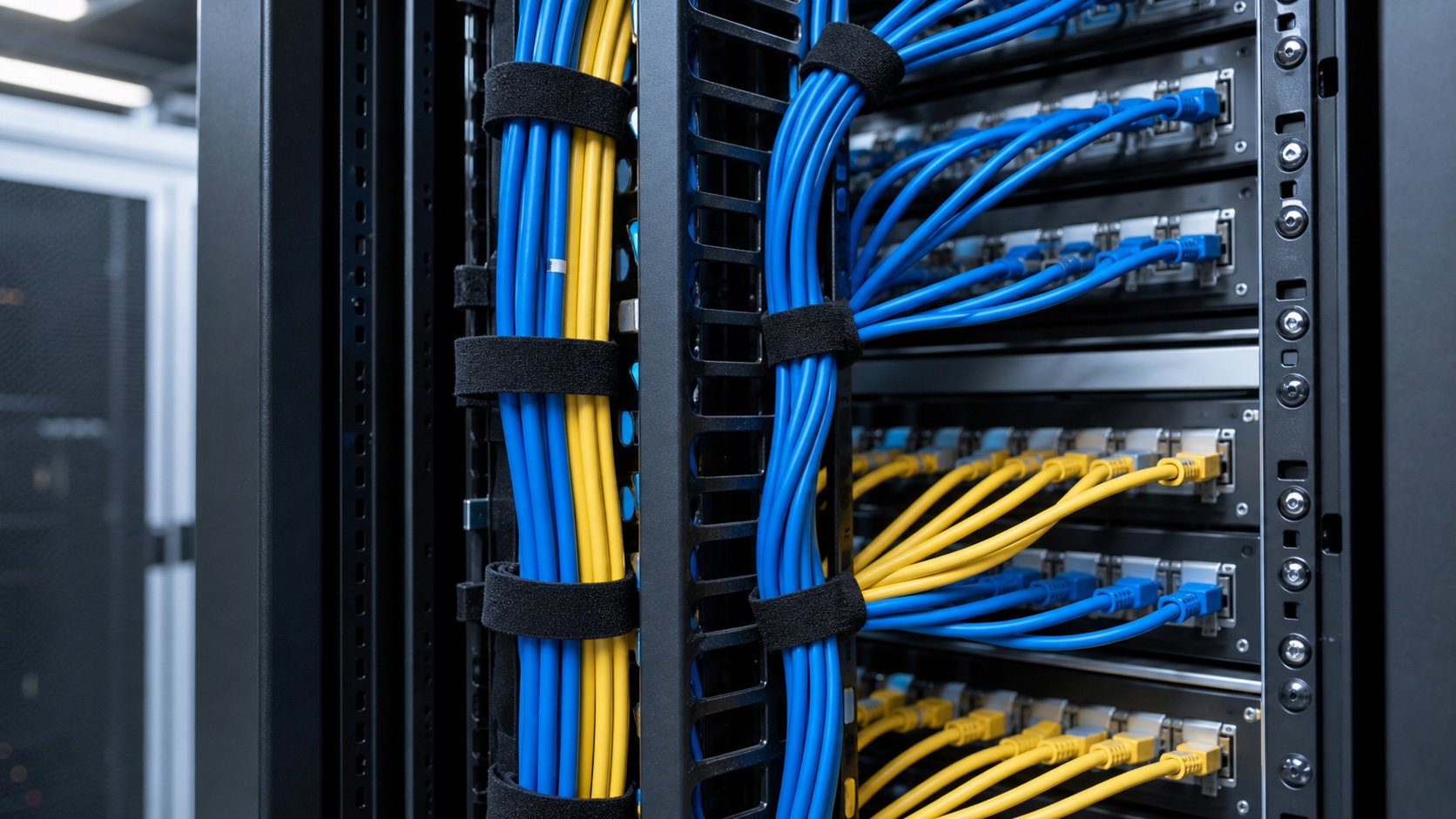 Data center patch cord management with soft hook-and-loop cable straps