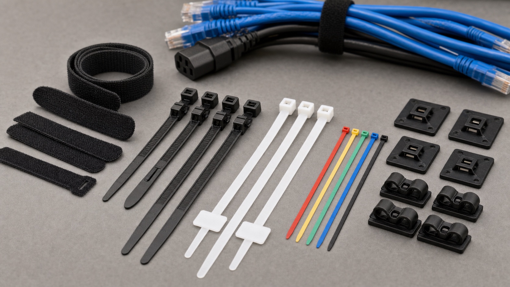 Data center cable tie and hook-and-loop cable management kit