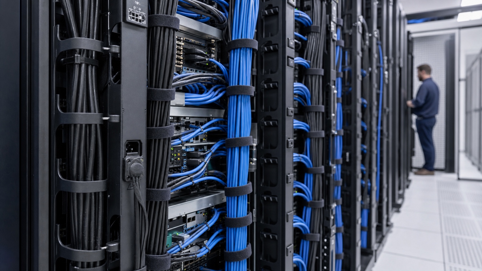 Data center rear rack cable management with hook-and-loop straps