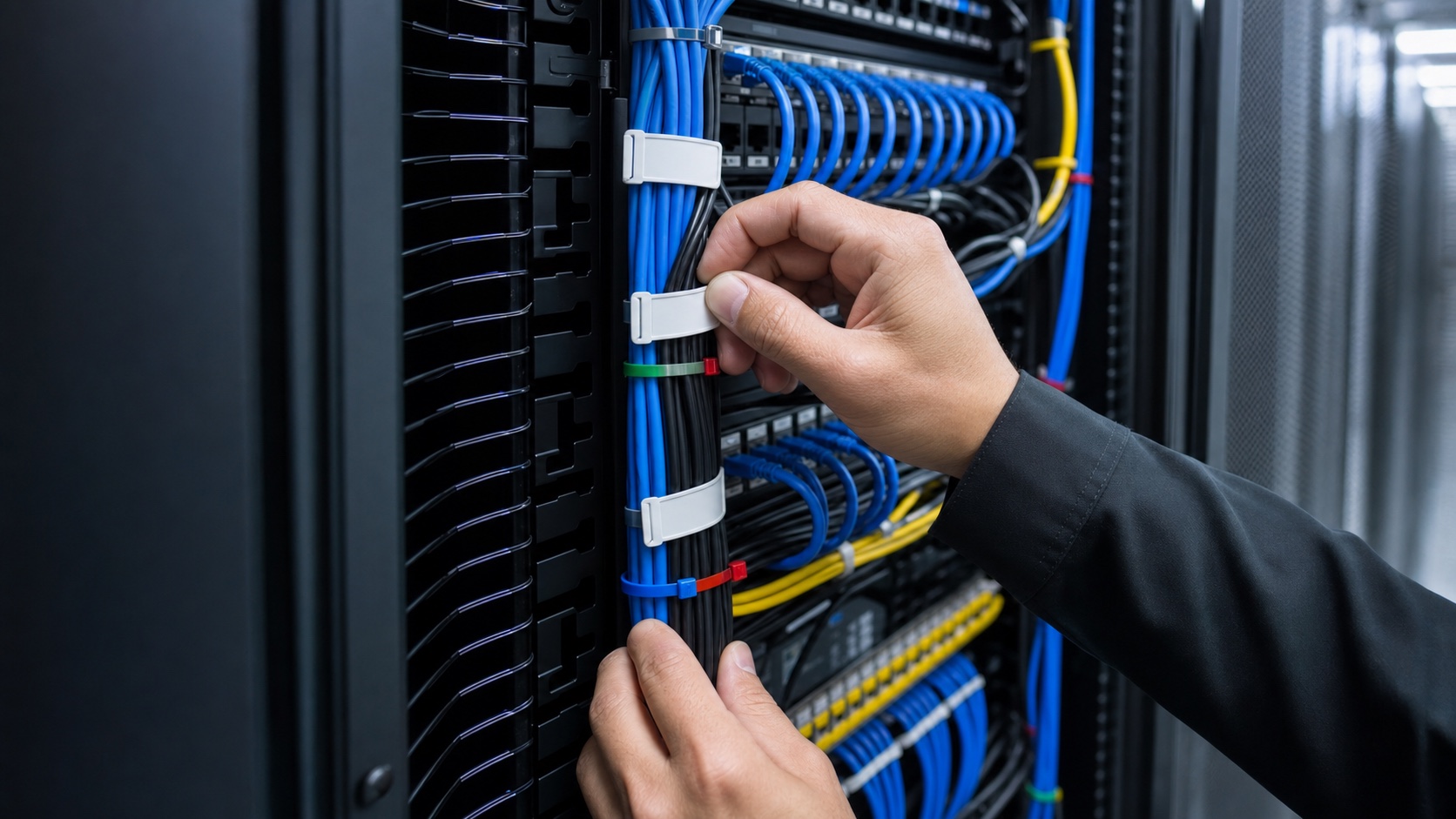 Technician organizing data center rack cables with blank marker ties