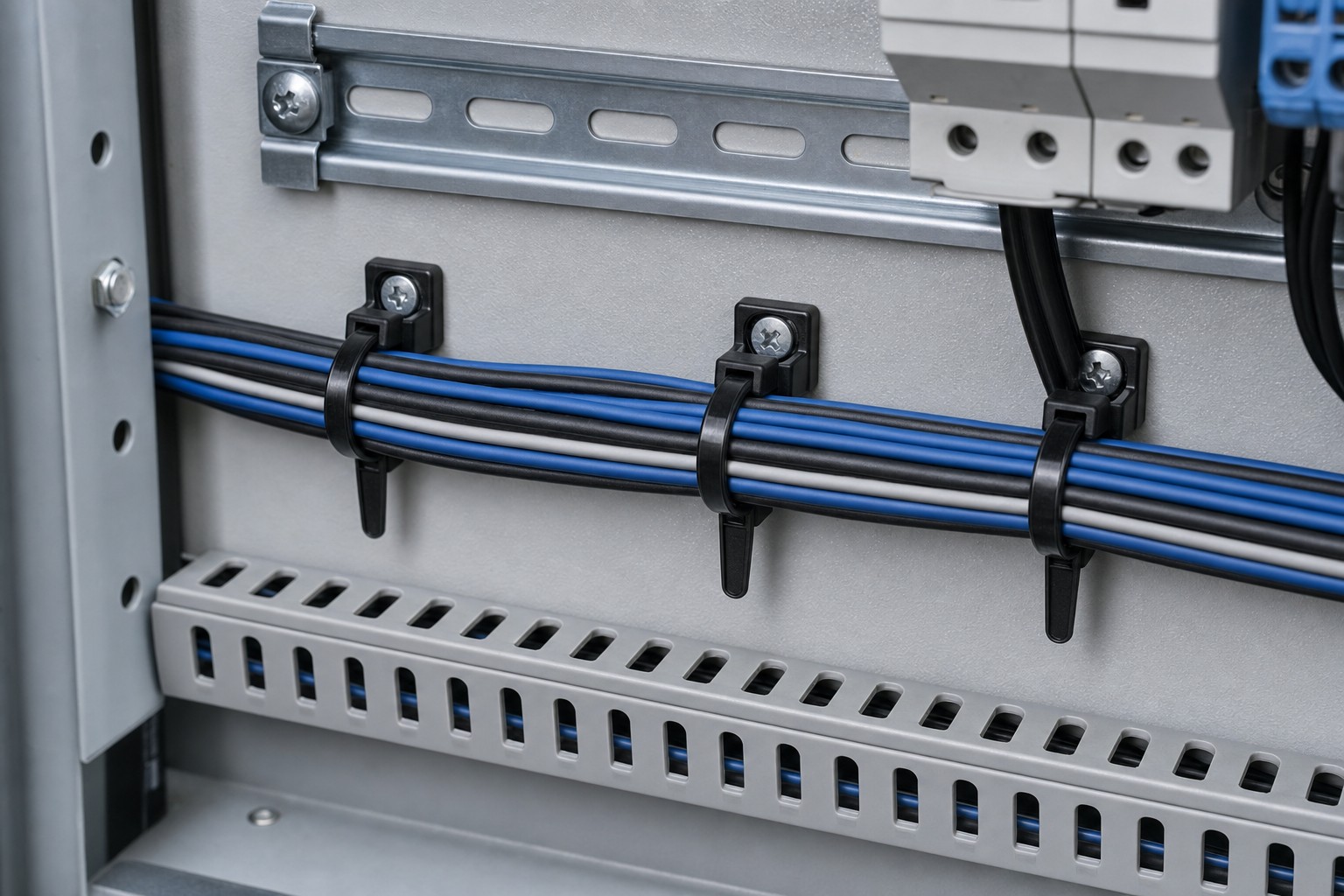 Control cabinet cable route fixed to a backplate with cable tie mounting bases