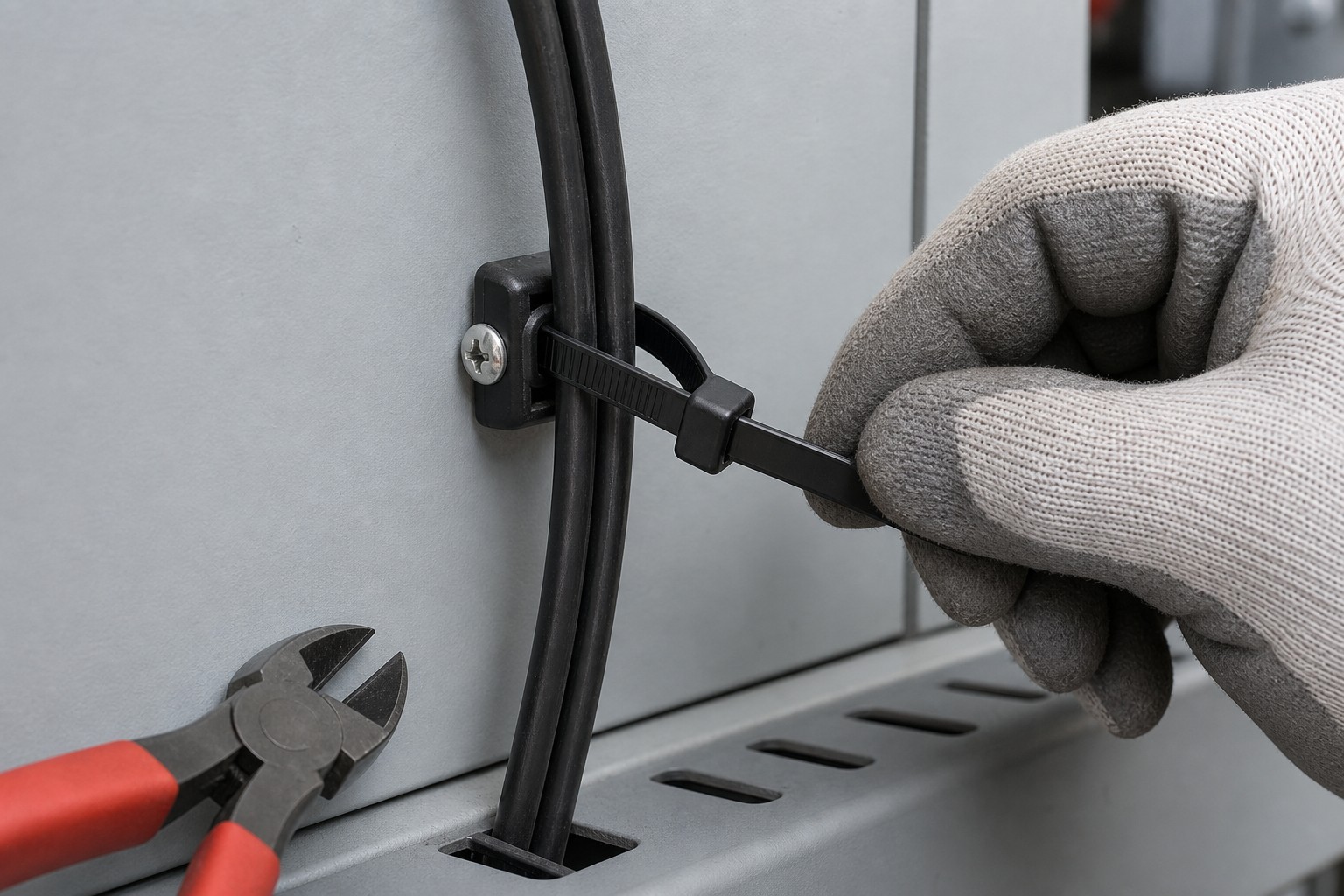 Gloved hand threading a cable tie through a mounted base around a cable bundle