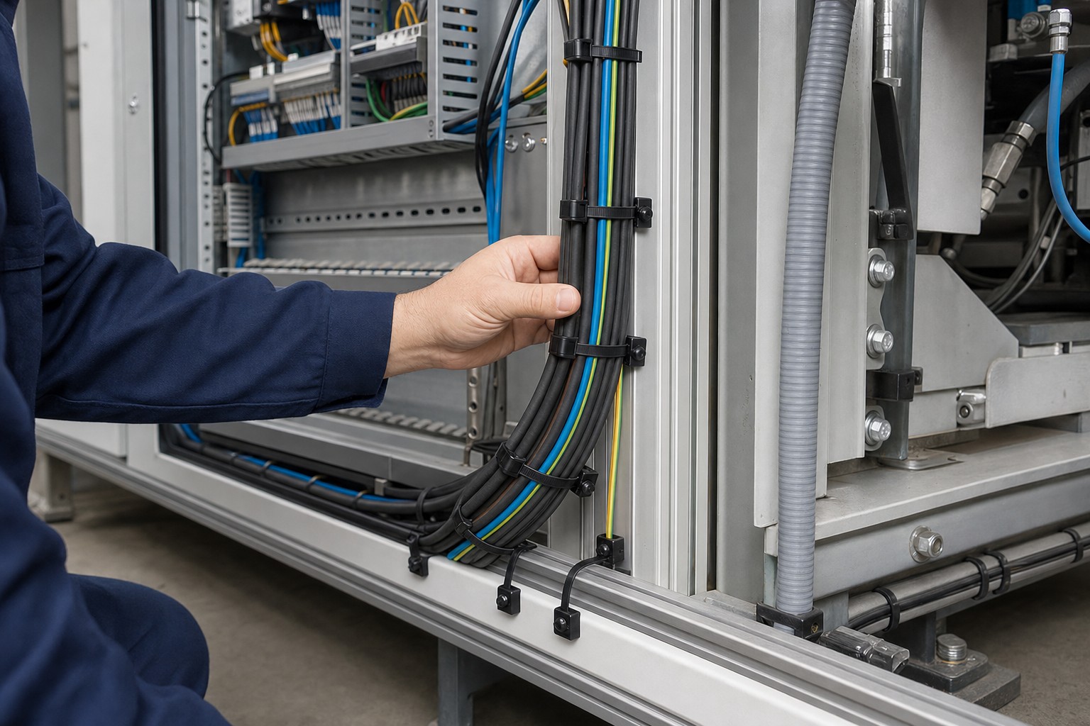 Industrial machine bay with cable routes fixed by cable tie mounts
