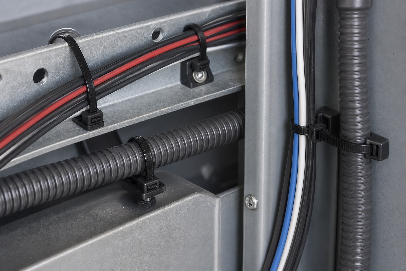 Cable tie bases securing conduit and control wires to equipment brackets