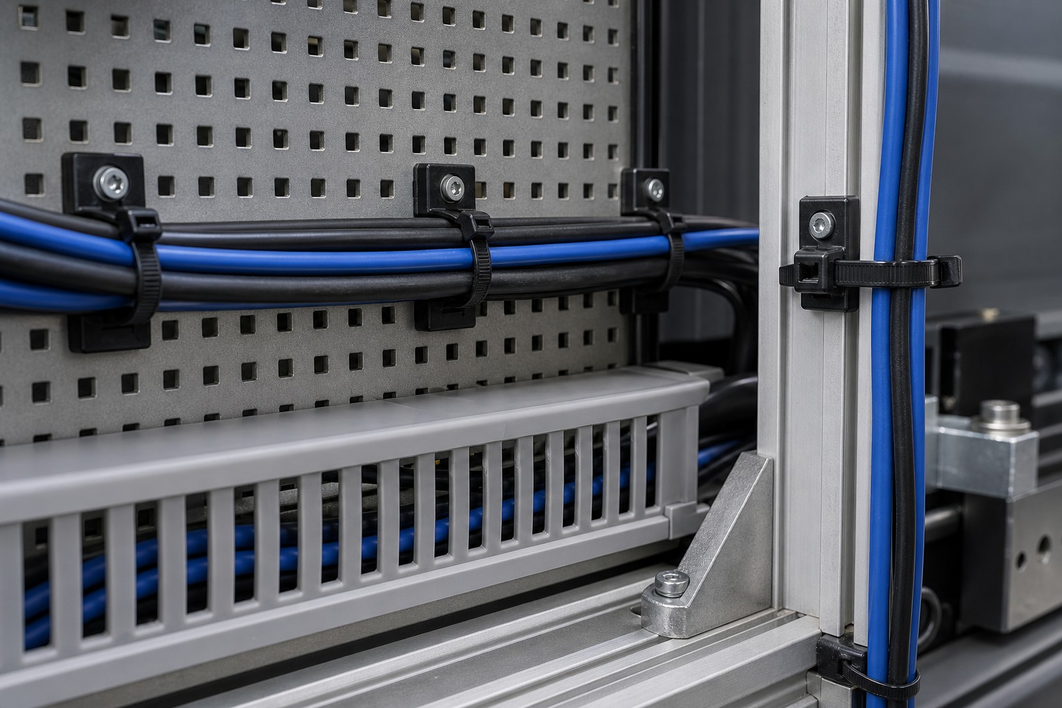 Equipment fixing cable tie bases securing control cabinet wiring to a machine frame