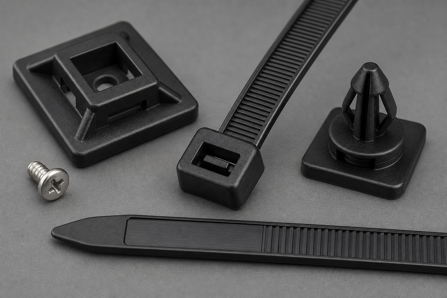 Cable tie mounting base and nylon cable tie head detail