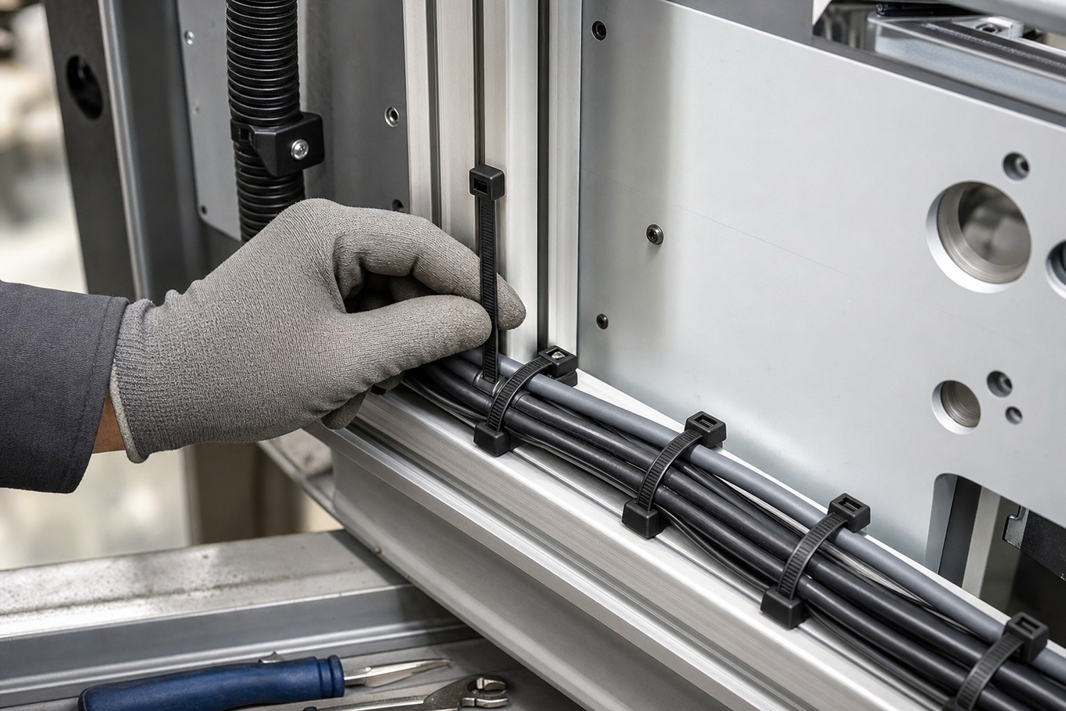 Technician checking cable tie mounting positions on an industrial machine frame