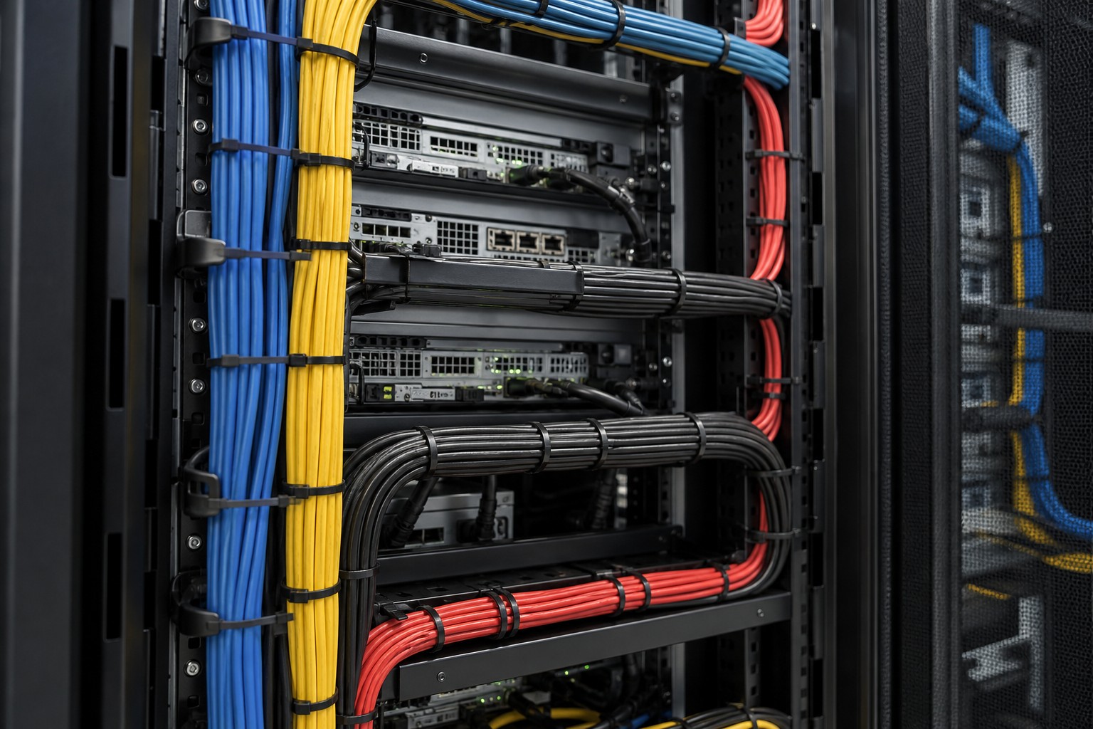 Data center rack cable management with organized cable bundles secured by low smoke cable ties