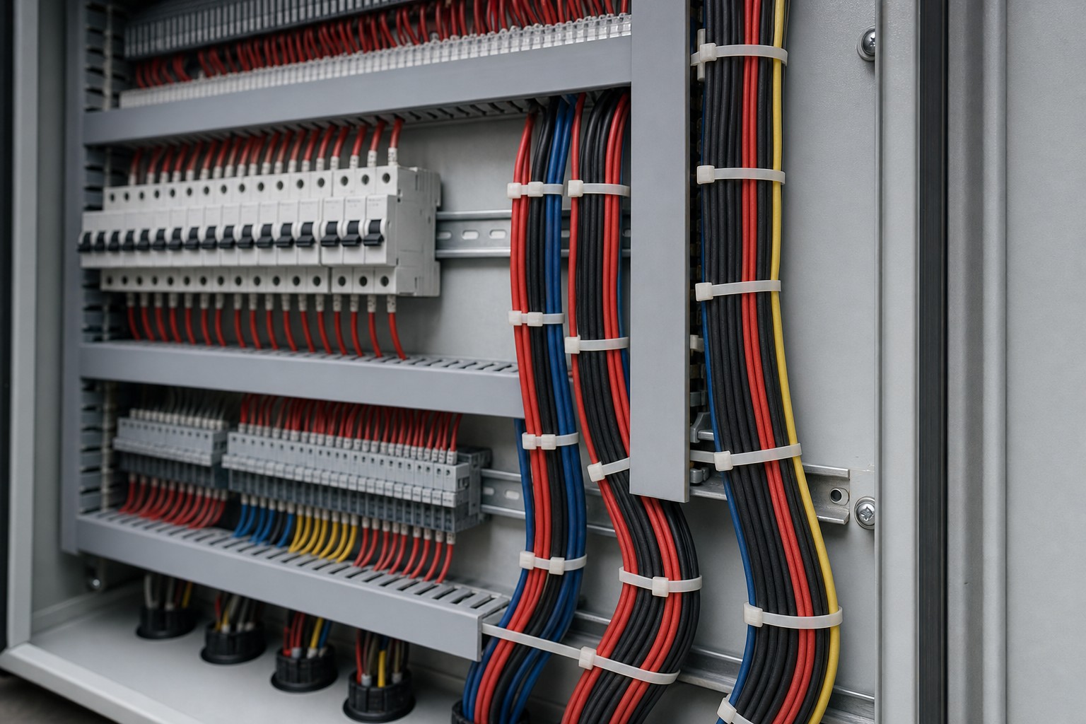 Electrical cabinet wiring organized with flame retardant nylon cable ties for fire safety cable routing