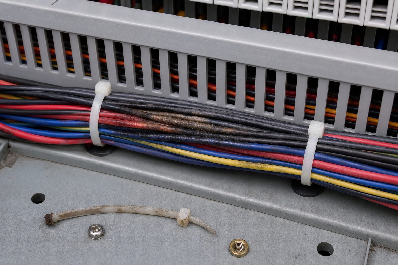 Heat-stressed cable bundle in electrical cabinet with old brittle cable tie and proper flame retardant ties nearby