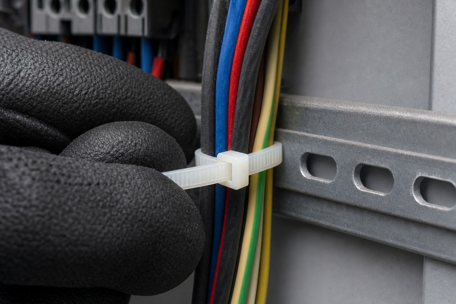 Close-up of flame retardant nylon cable tie locking head and ribbed strap securing electrical wires