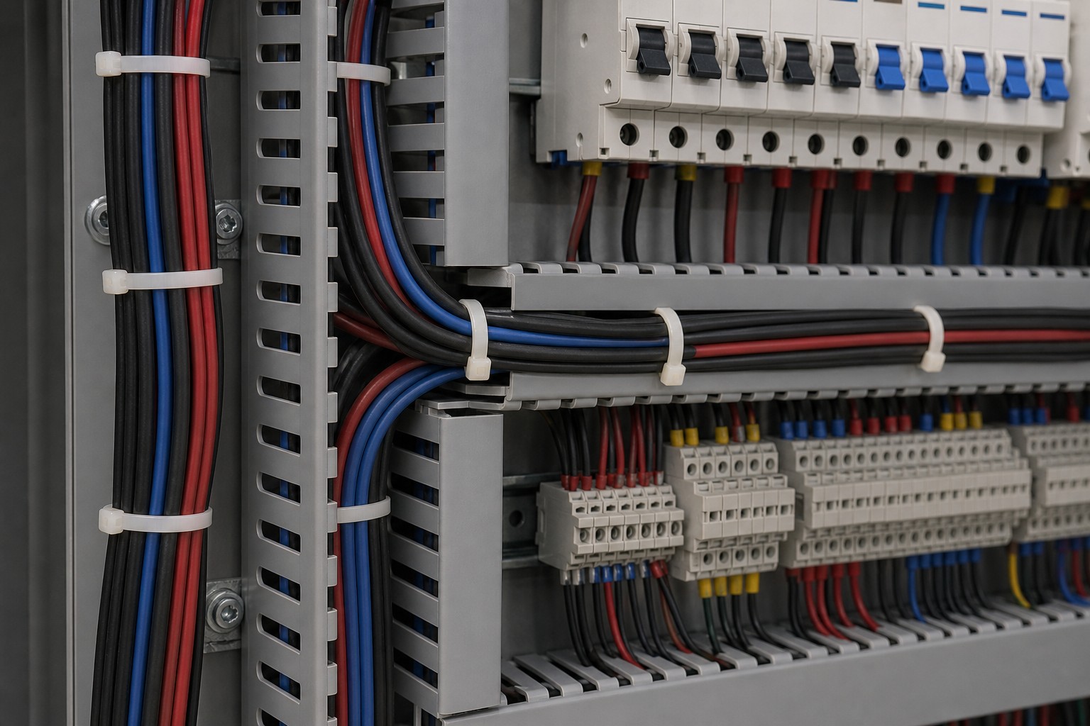 Breaker panel wiring cabinet with natural flame retardant nylon cable ties securing wire bundles in slotted duct
