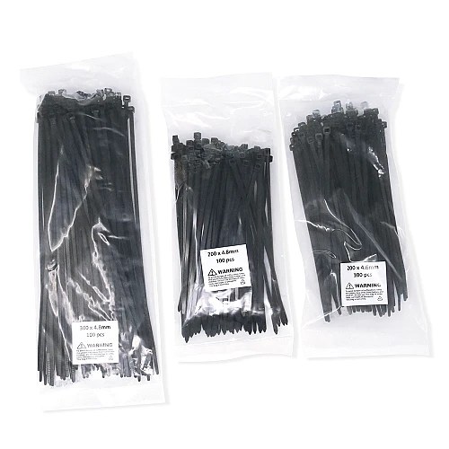 Packaged black landscaping cable ties in multiple lengths