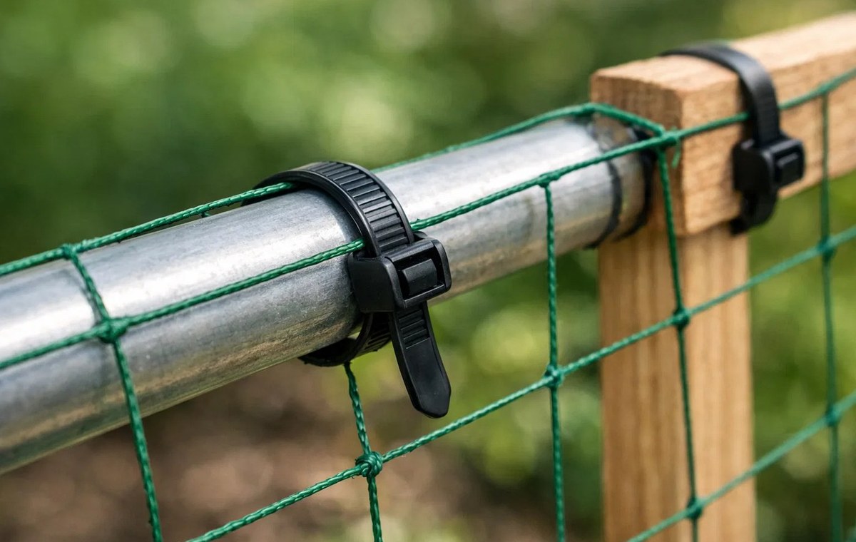 Black UV-resistant cable tie fastening green garden netting to metal pipe and wooden fence post