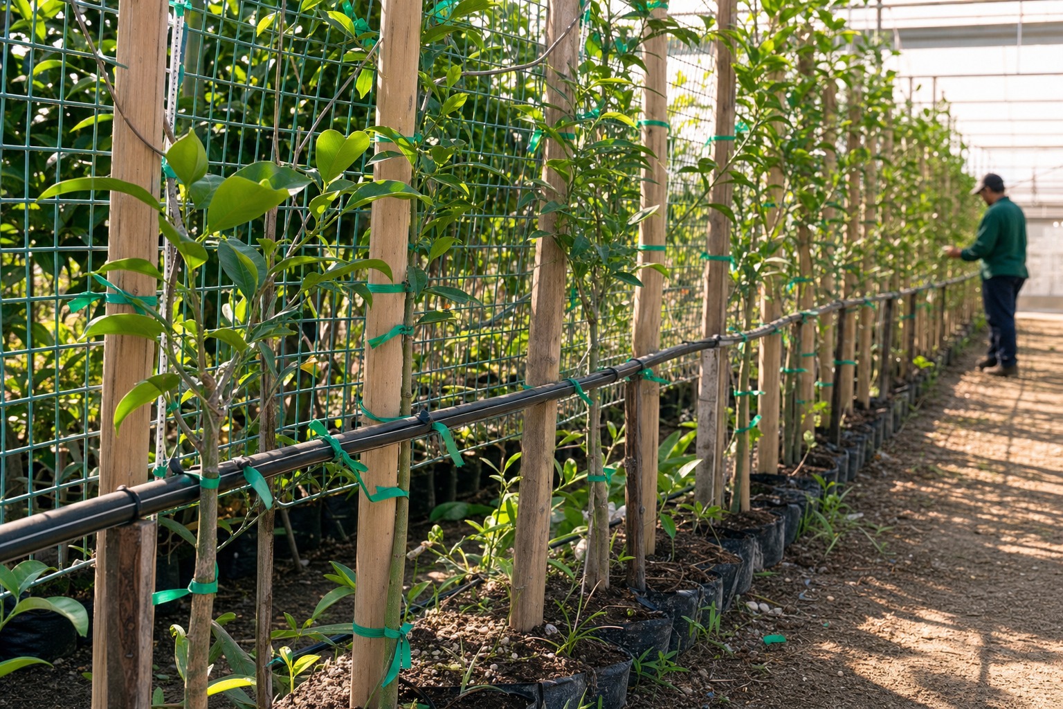 Completed nursery row with soft plant ties mesh and drip irrigation line fixed neatly