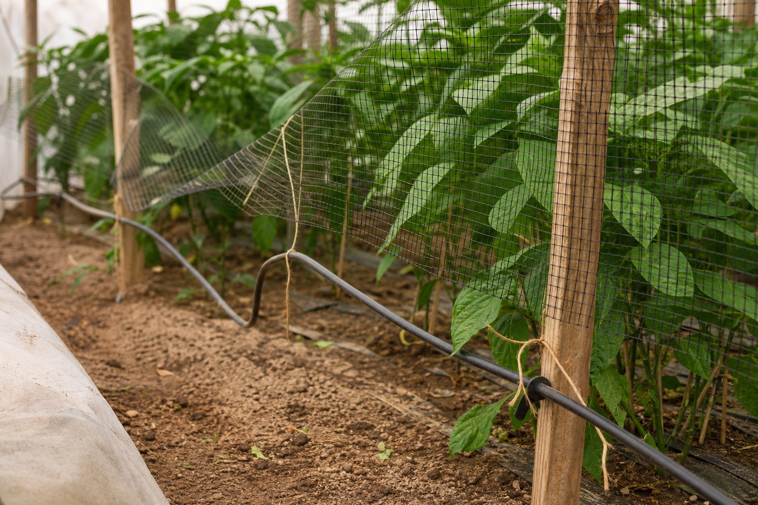 Sagging greenhouse mesh and loose drip irrigation tube before proper garden fixing