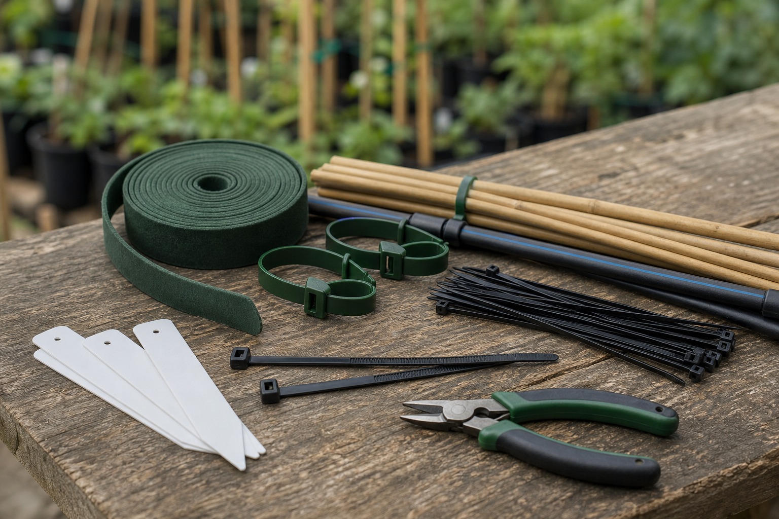Garden cable tie kit on a nursery workbench with plant ties nylon ties labels stakes and cutter