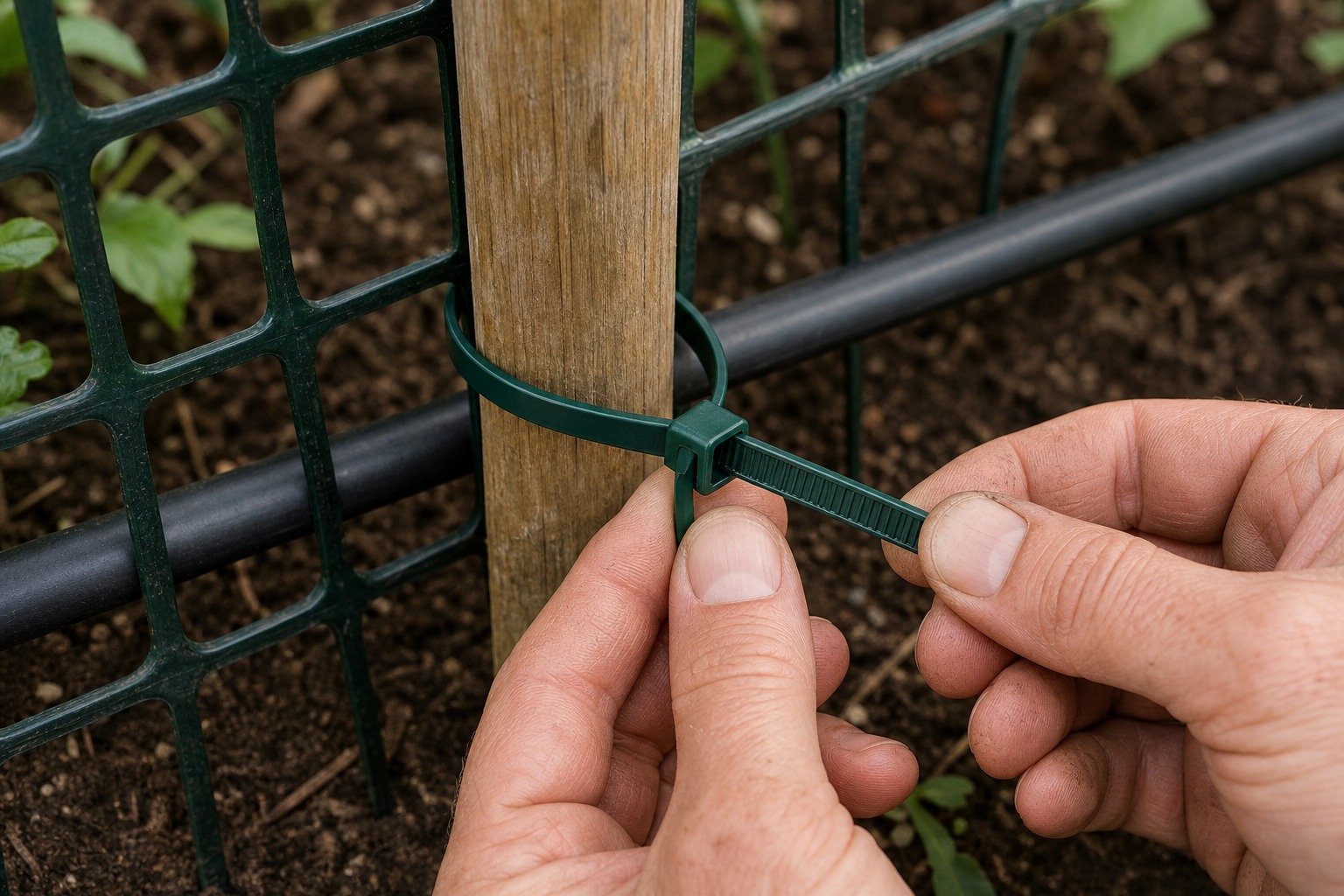 Gardener threading green nylon cable tie through locking head around garden mesh and wooden stake