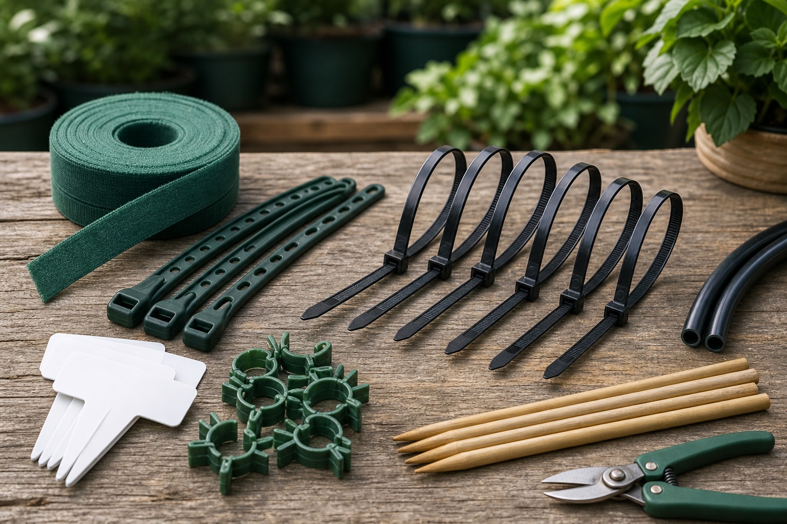 Garden cable tie kit product combination with soft ties UV nylon ties clips labels stakes tube and cutter