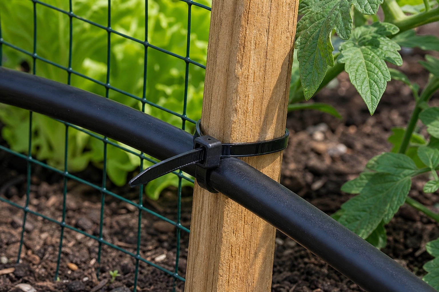 Black nylon cable tie fixing drip irrigation tube to wooden stake and garden mesh
