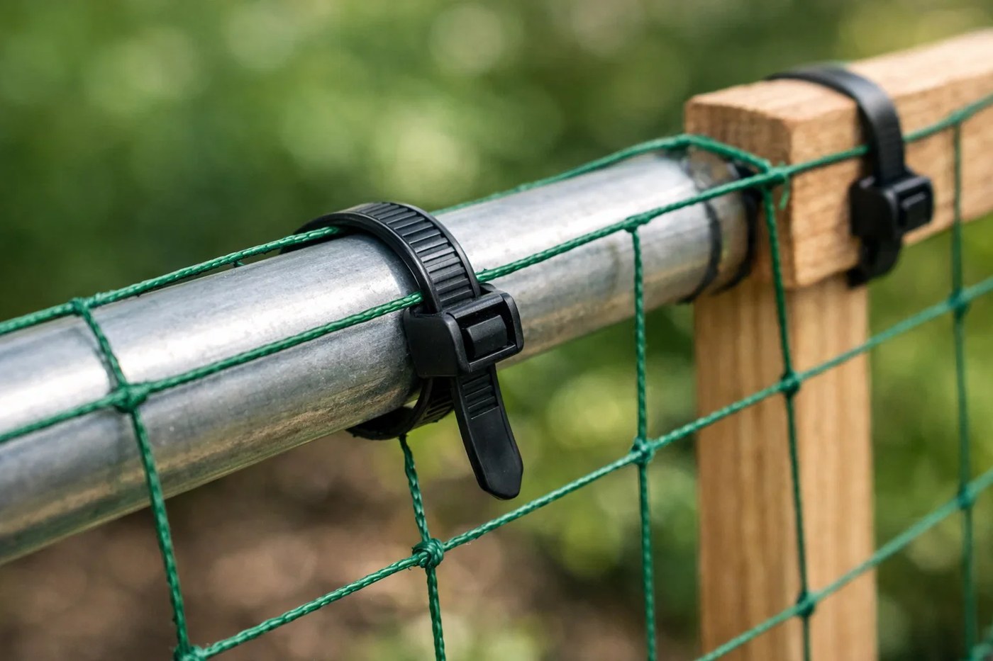 Black UV-resistant cable tie fastening garden netting to a metal pipe and wooden post