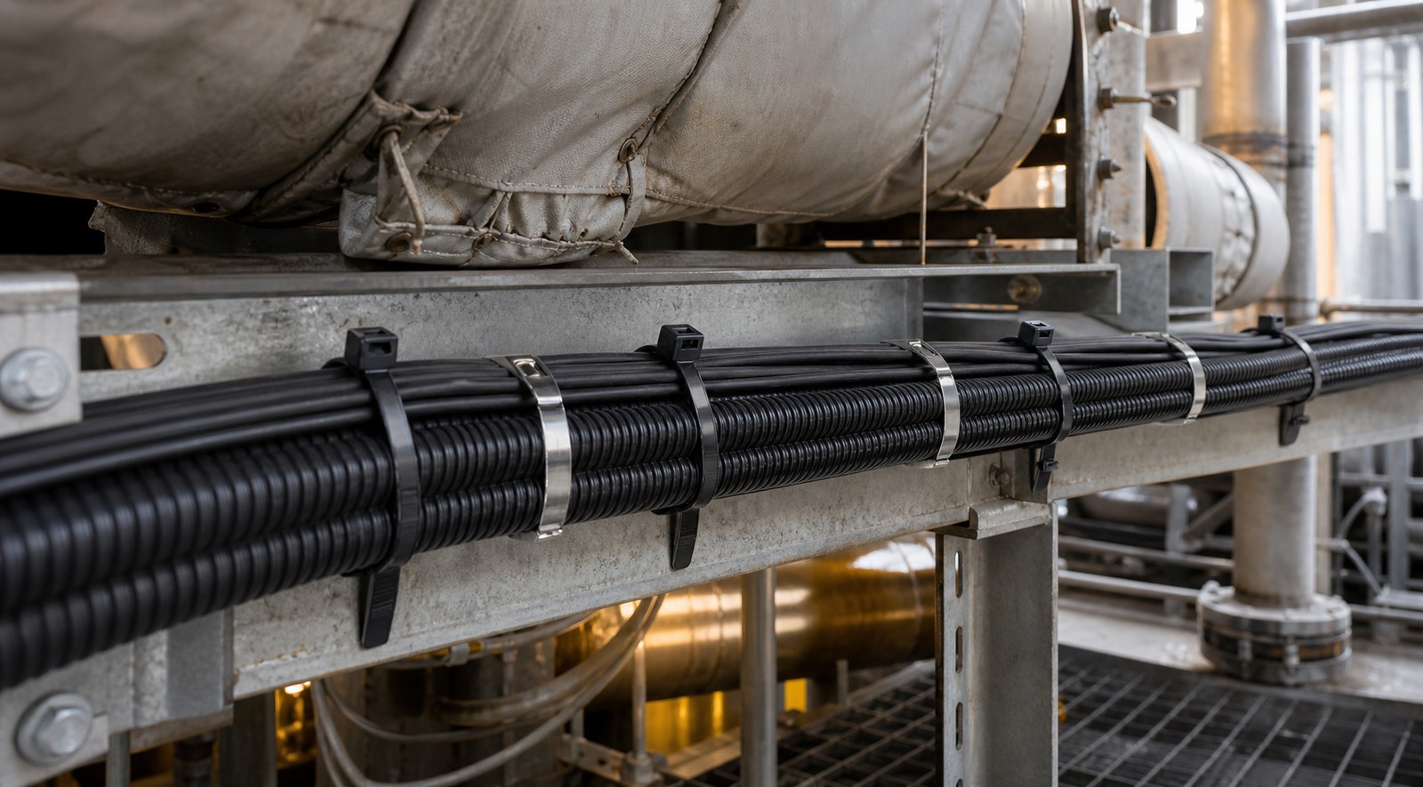 High-temperature cable route near insulated industrial pipework secured with nylon and stainless steel cable ties