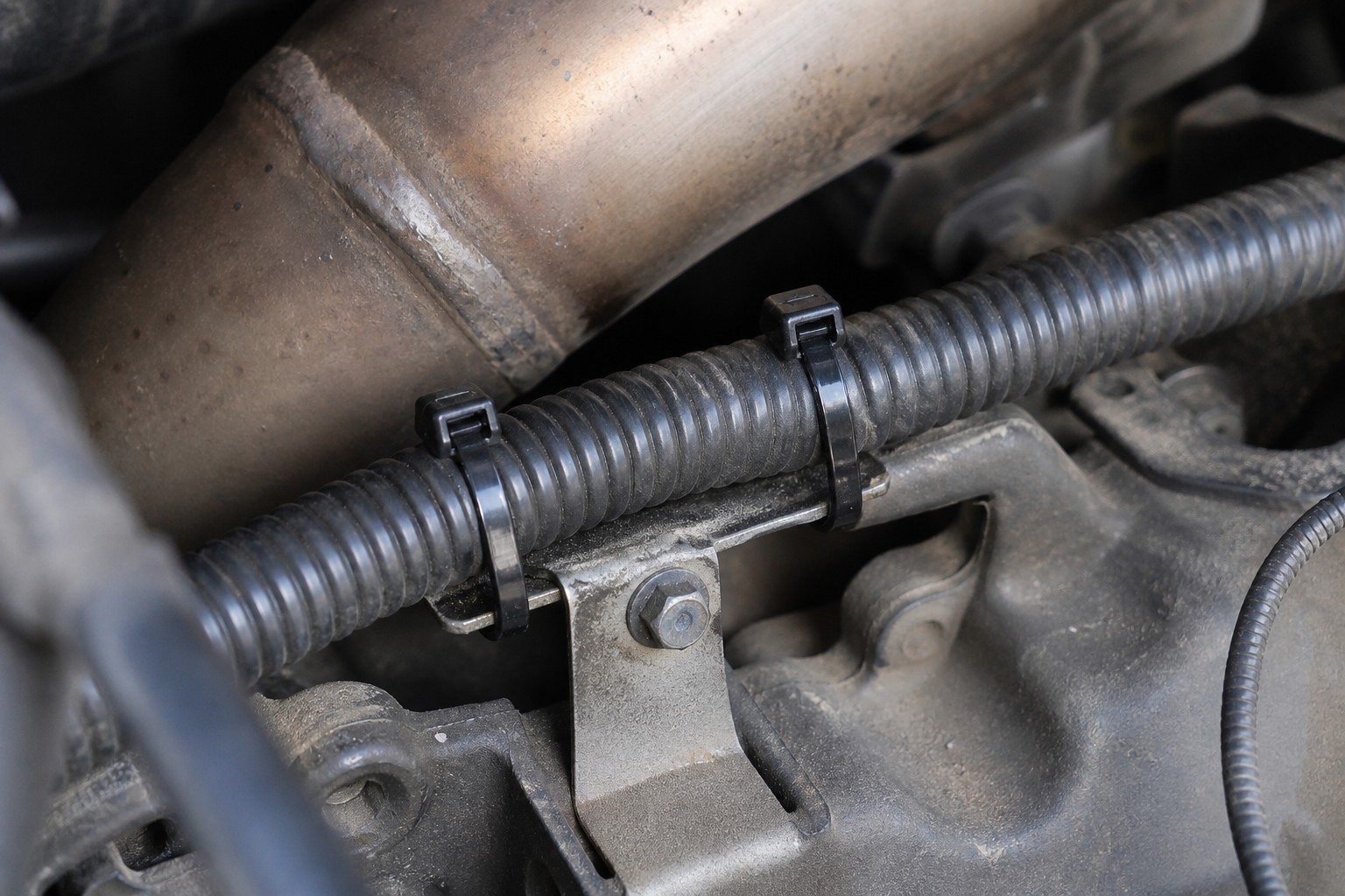 Heat-resistant black nylon cable ties securing corrugated wire loom inside an engine bay near hot metal pipework
