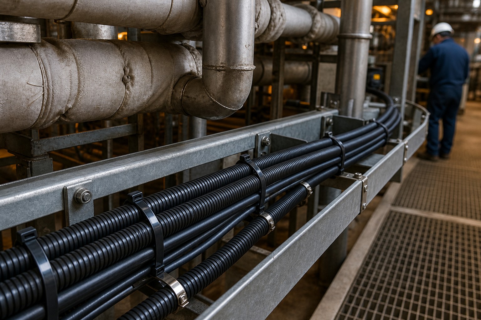Industrial high-temperature cable tray route secured with nylon and stainless steel cable ties near hot pipework