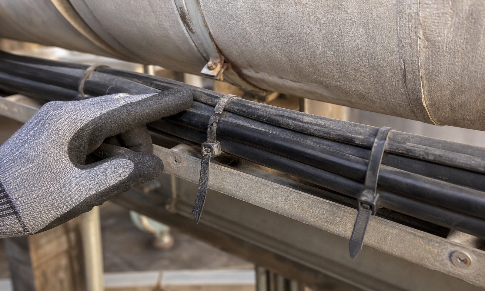 Aged and loose nylon cable tie inspected near hot industrial pipework and cable bundle