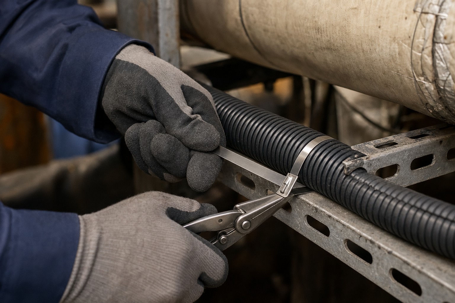 Gloved technician tightening a stainless steel cable tie around black conduit on an industrial metal bracket
