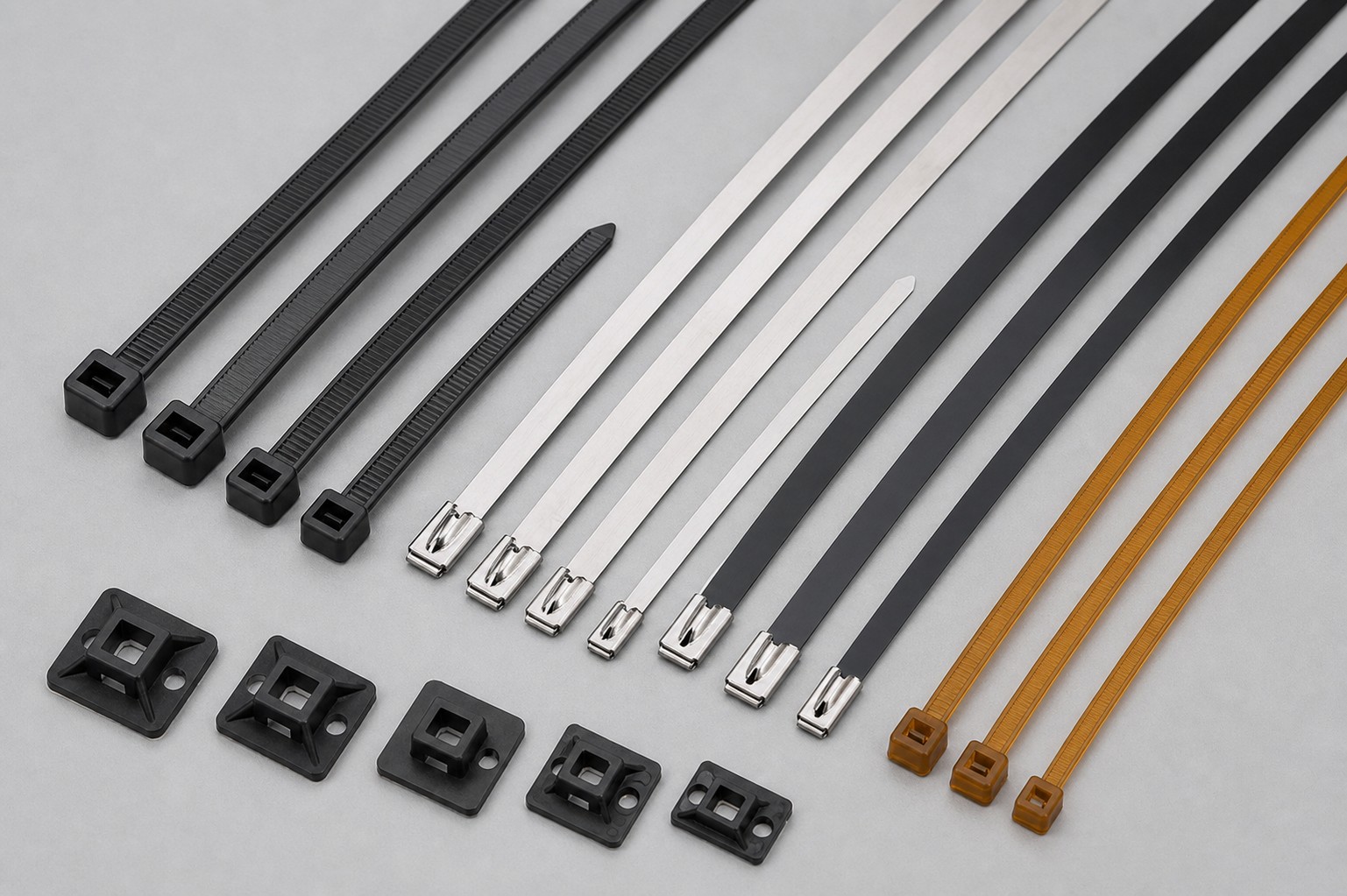 High-temperature cable tie product combination with black nylon ties stainless steel ties and mount bases