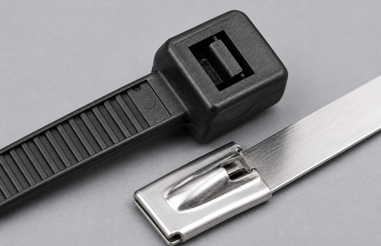 Macro detail of black heat-stabilized nylon cable tie locking head teeth and stainless steel tie clasp