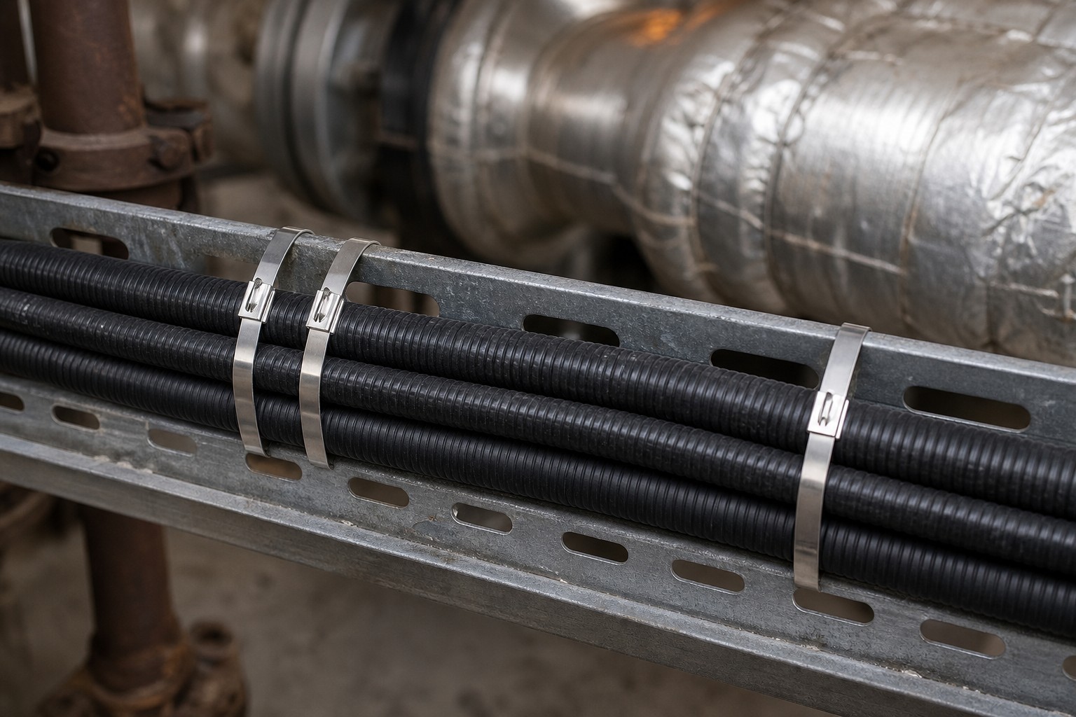 Stainless steel cable ties fastening black high-temperature conduit to a perforated metal cable tray