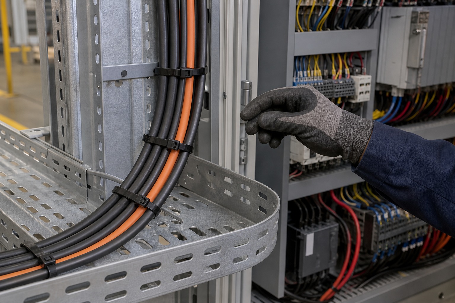 Heavy-duty black nylon cable ties securing industrial cables in a galvanized cable tray