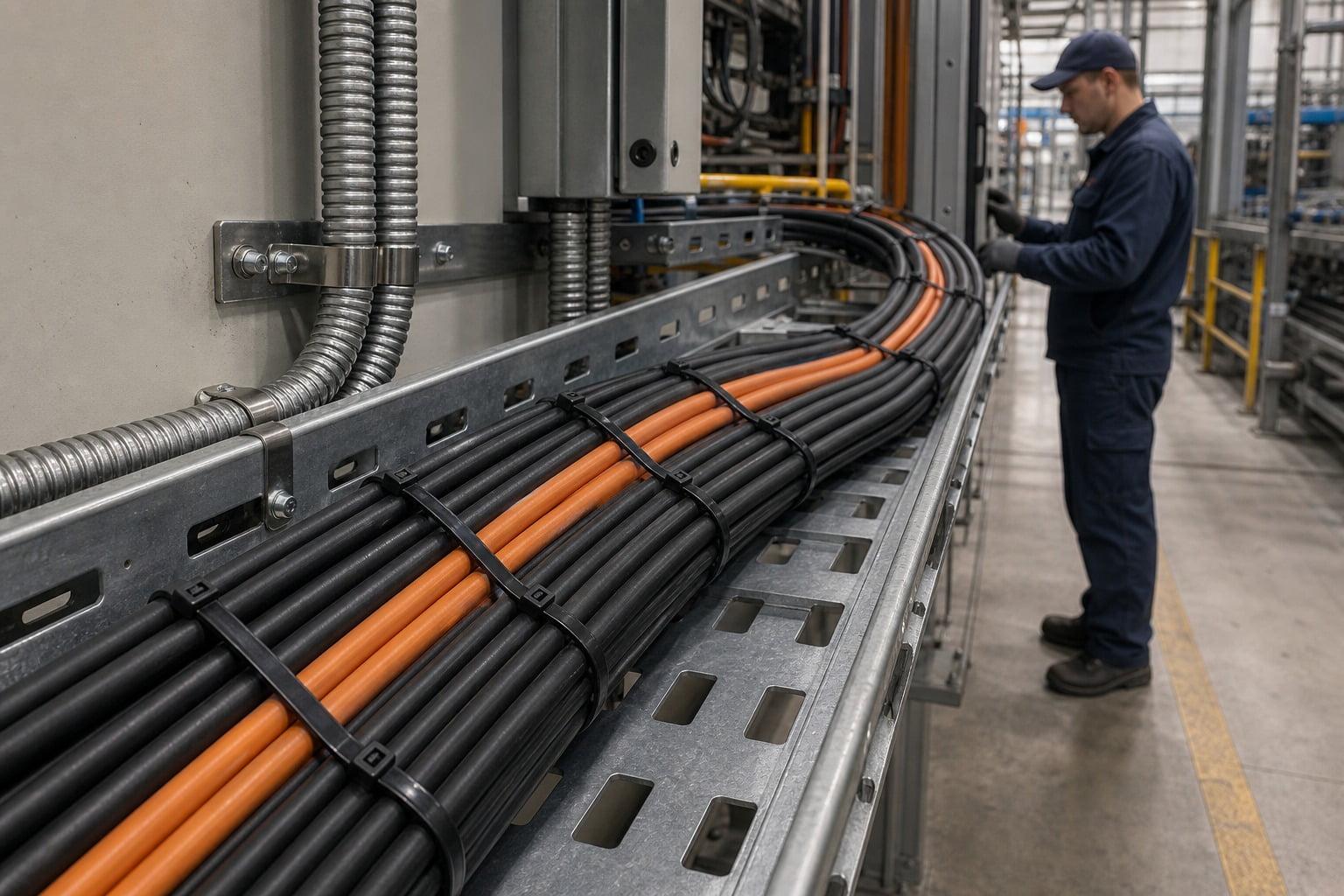 Completed industrial cable tray route with repeated cable tie fixing points and maintenance access