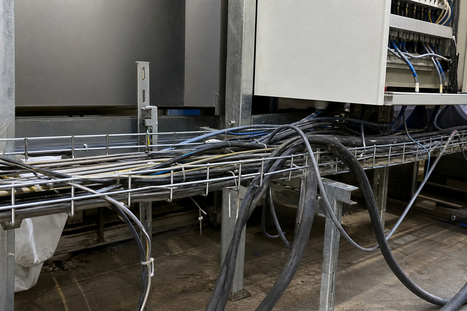 Loose and messy industrial cable tray route before proper cable tie fixing