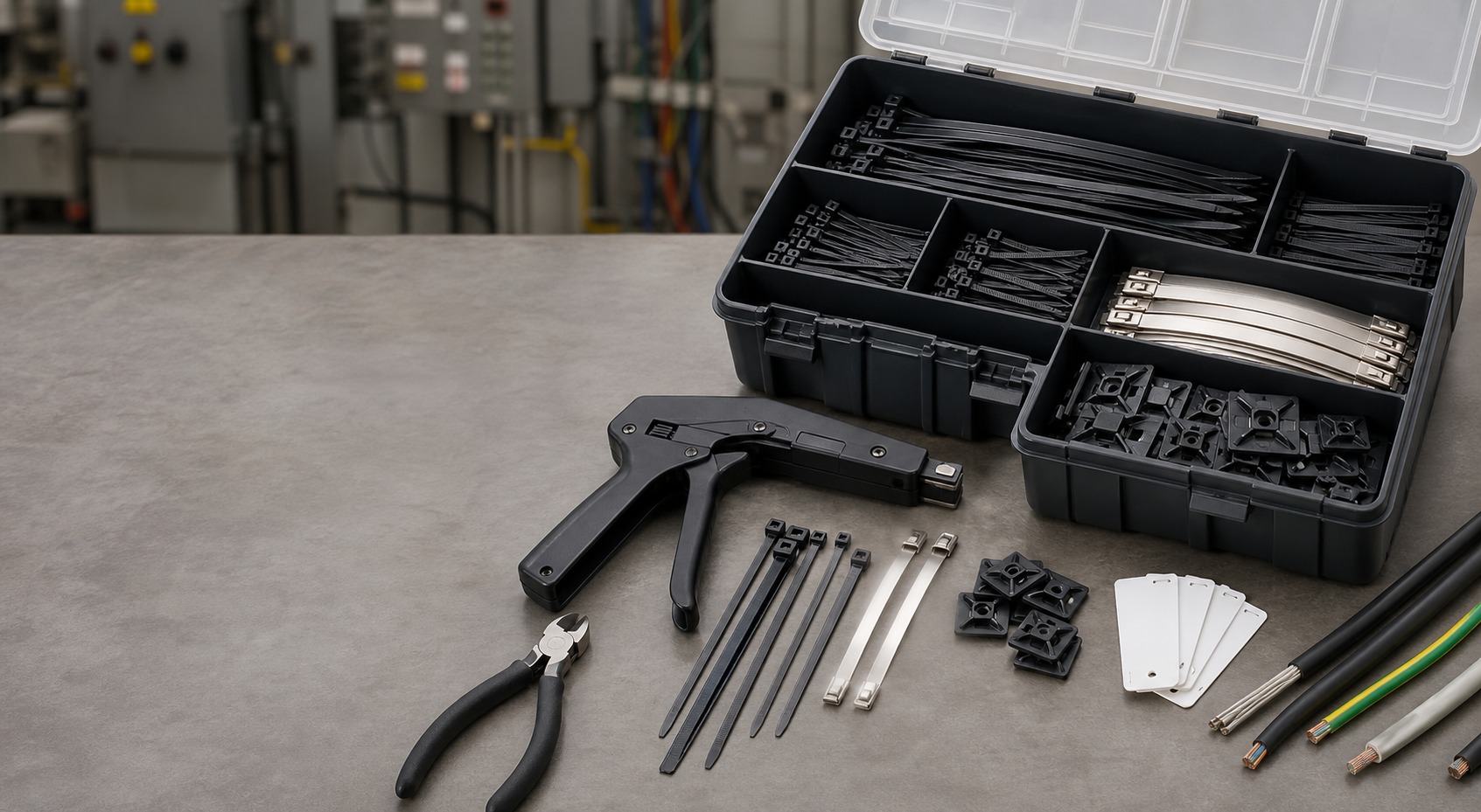 Industrial cable tie kit with nylon ties stainless ties mounts and tools on a factory workbench