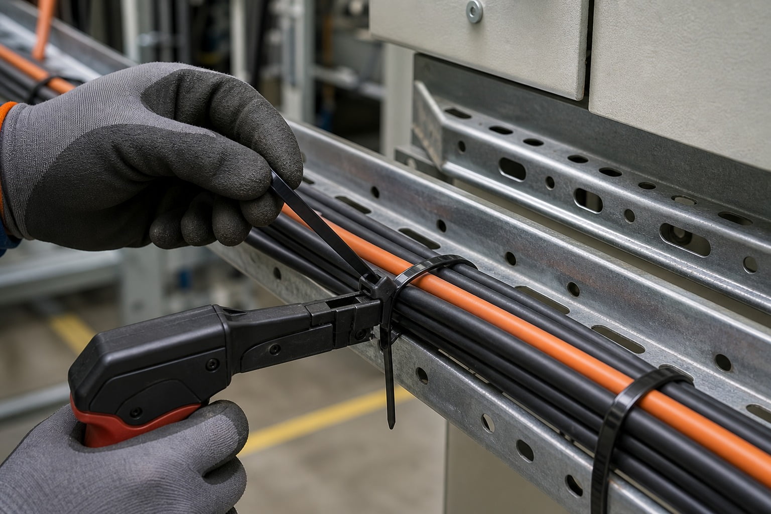 Technician using cable tie gun to tighten black nylon cable tie on industrial cable tray