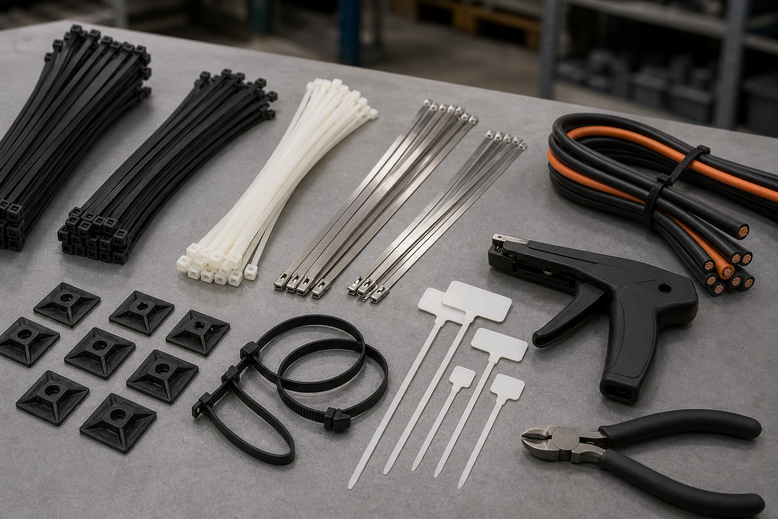 Industrial cable tie kit product combination with nylon ties stainless ties bases tags and tools