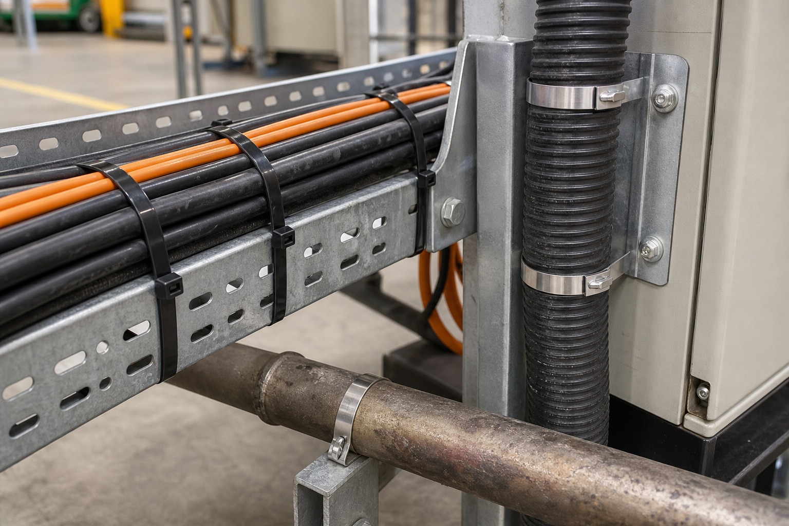 Industrial cable tray with black nylon cable ties and stainless steel ties used in correct fixing points