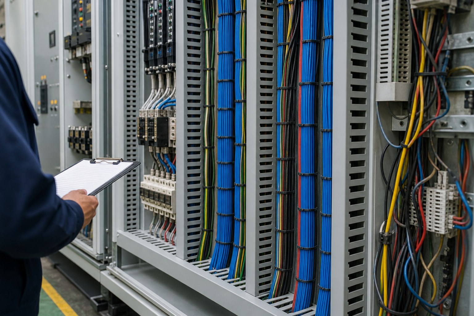 Completed electrical cabinet cable routing with consistent cable tie spacing and trimmed tails