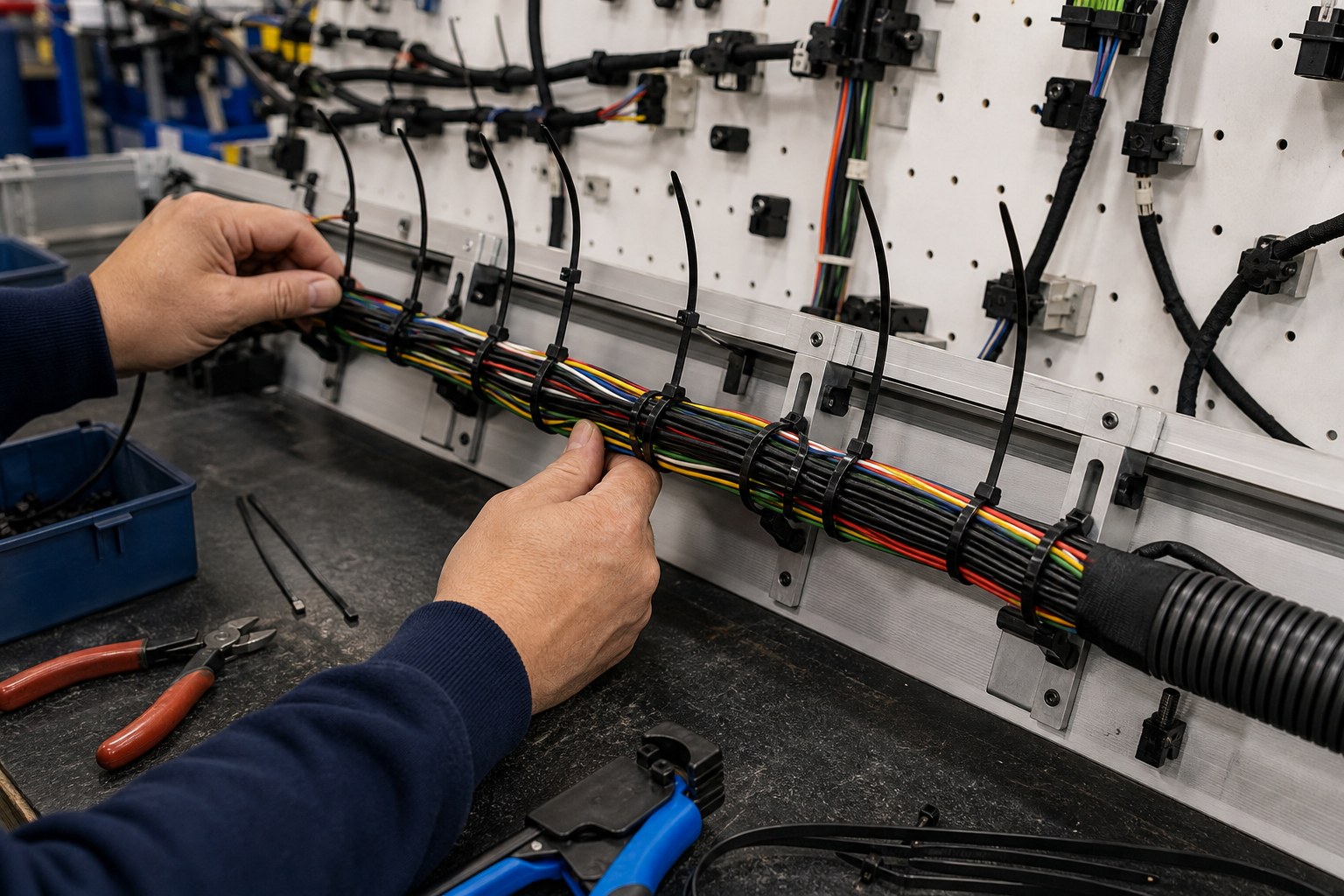 Wire harness assembly bench with pre-positioned cable ties for faster installation