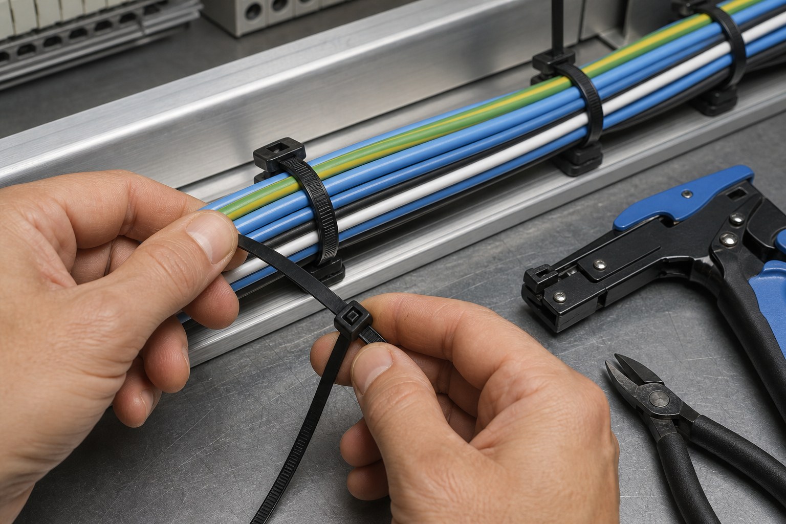Technician feeding nylon cable tie tail through locking head before tool tensioning and trimming
