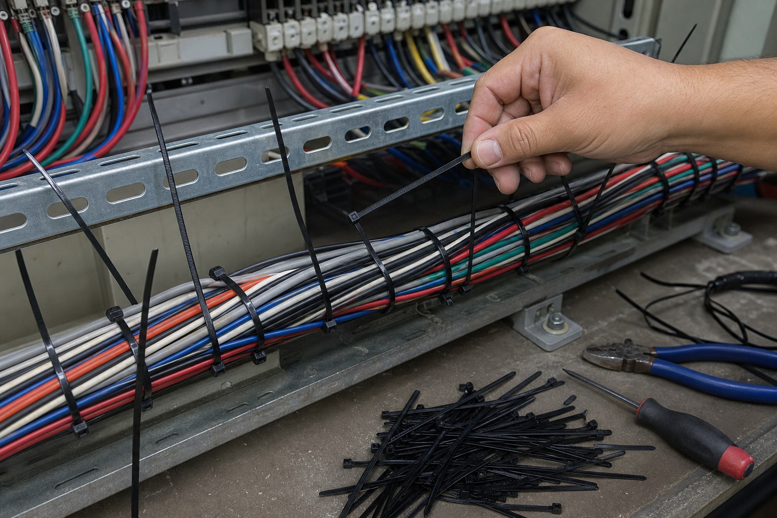 Manual cable tie installation with long untrimmed tails and inconsistent spacing causing inefficiency