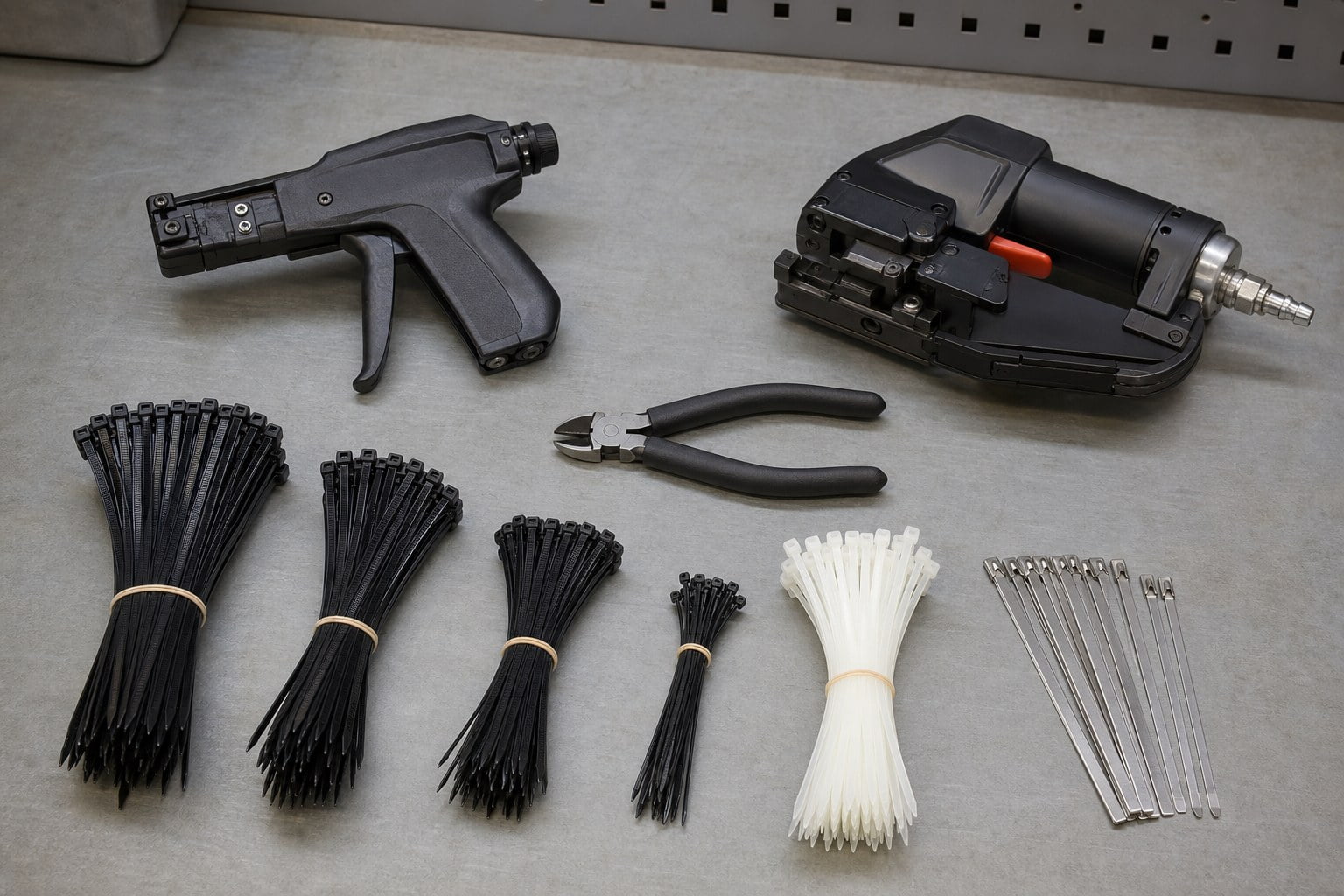Cable tie installation efficiency product kit with nylon ties stainless ties cable tie gun and cutter