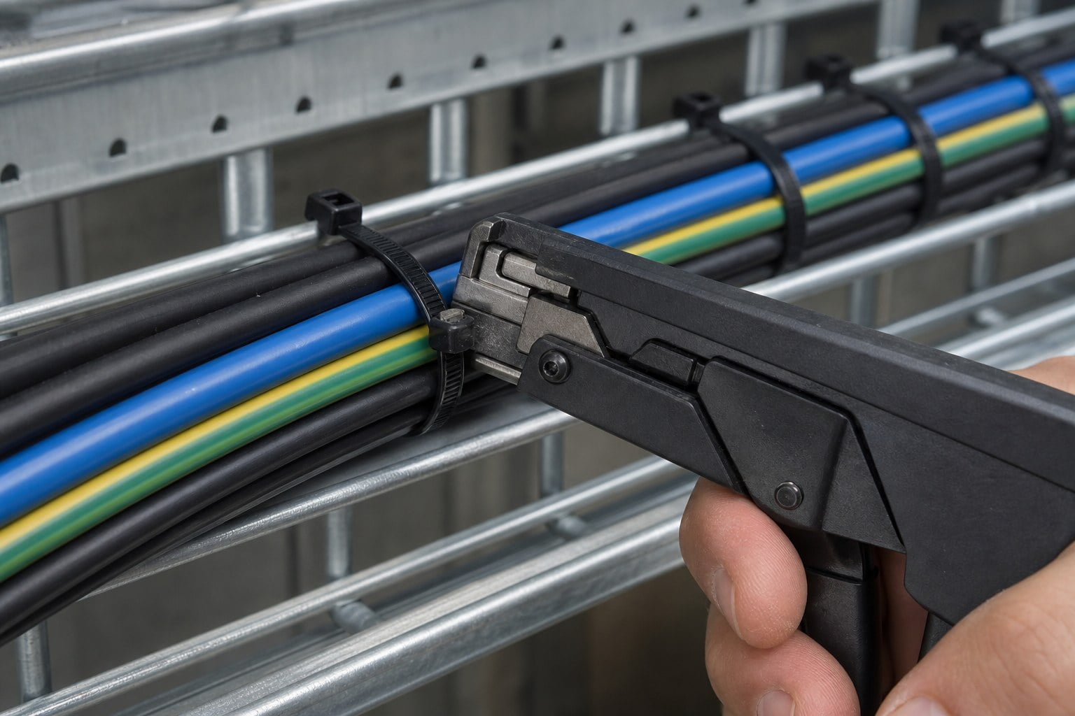 Cable tie gun tensioning and cutting nylon cable tie around cable bundle on metal tray